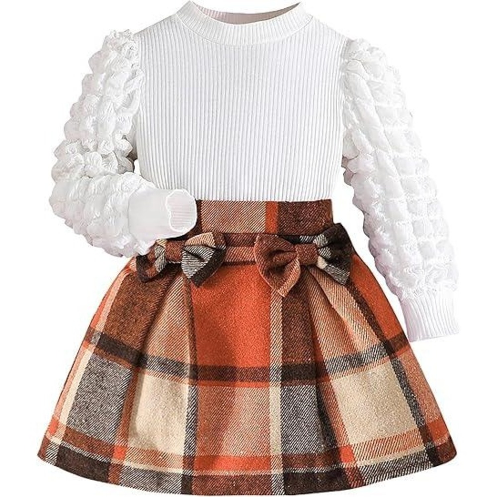 MSRP $25 Coaturi Girls 6Y Clothes Sets 2 Piece Puff Sleeve Tops Plaid Mini Skir
